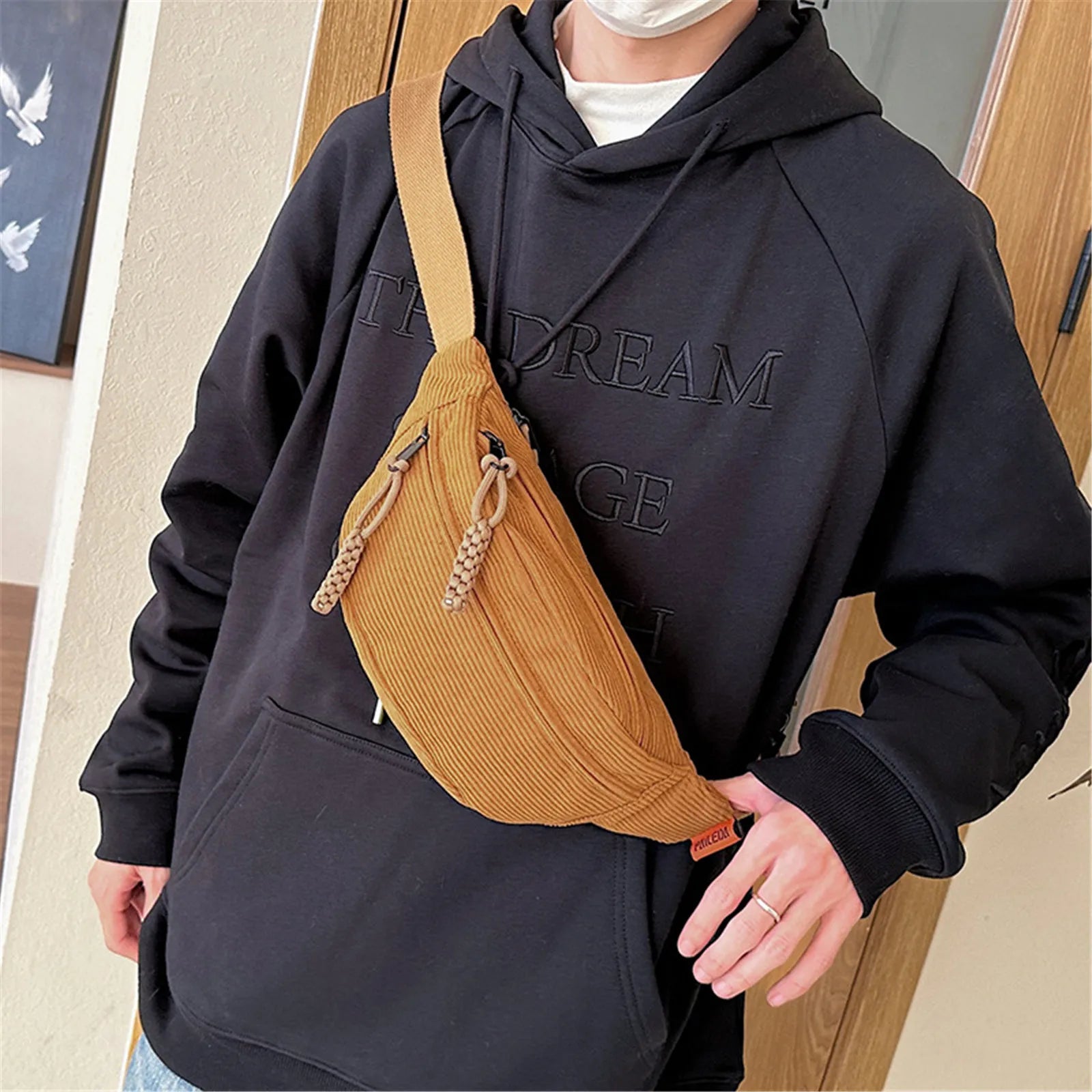 flence New Casual Corduroy Belt Bags for Women Simple Fashion Fanny Pack Female Banana Waist Bag Hip Purse Shoulder Crossbody Chest Bag